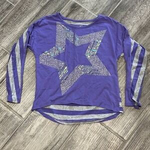 Justice Purple Gray Stripe Star Sequin Top Long Sleeve‎ Shirt Girls Size 7